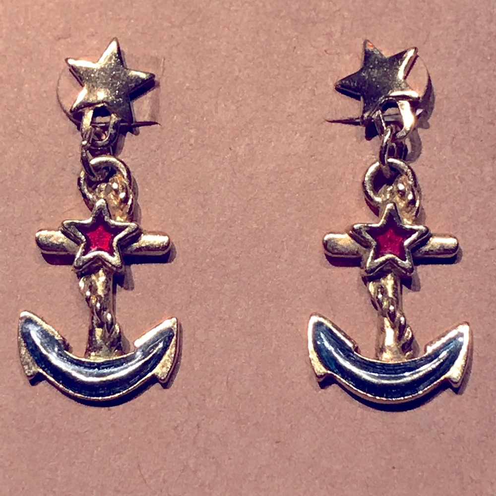 Anchor and Star Dangle Earrings - Red/Blue/Gold
